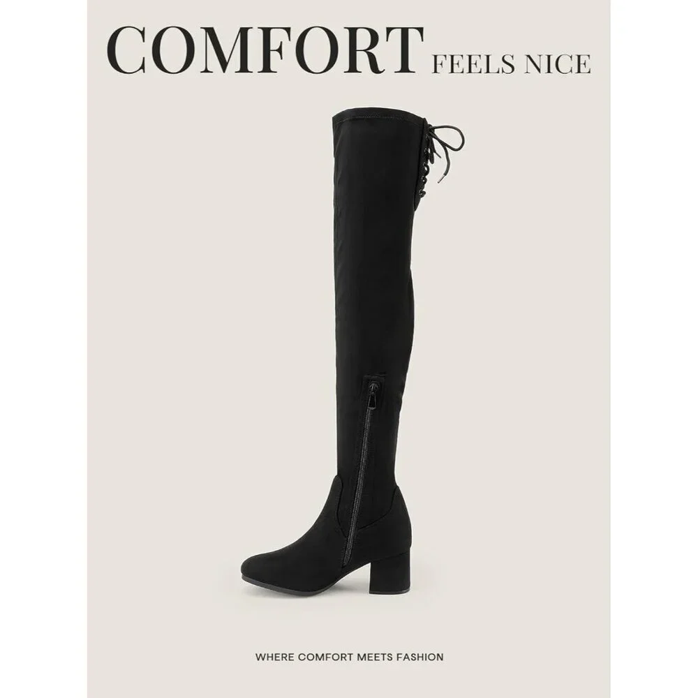 Women's Black Faux Leather Over The Knee Thigh High Chunky Heel Long Boots